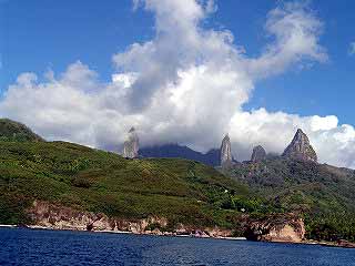 Mountains above the Baie d`Hakahetau, in the Marquesas